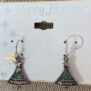 Silver Christmas tree earrings with green stones